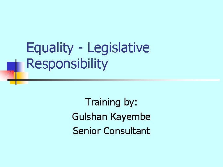 Equality - Legislative Responsibility Training by: Gulshan Kayembe Senior Consultant 