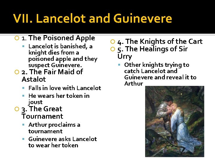 VII. Lancelot and Guinevere 1. The Poisoned Apple Lancelot is banished, a knight dies