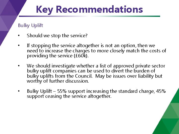 Key Recommendations Bulky Uplift • Should we stop the service? • If stopping the