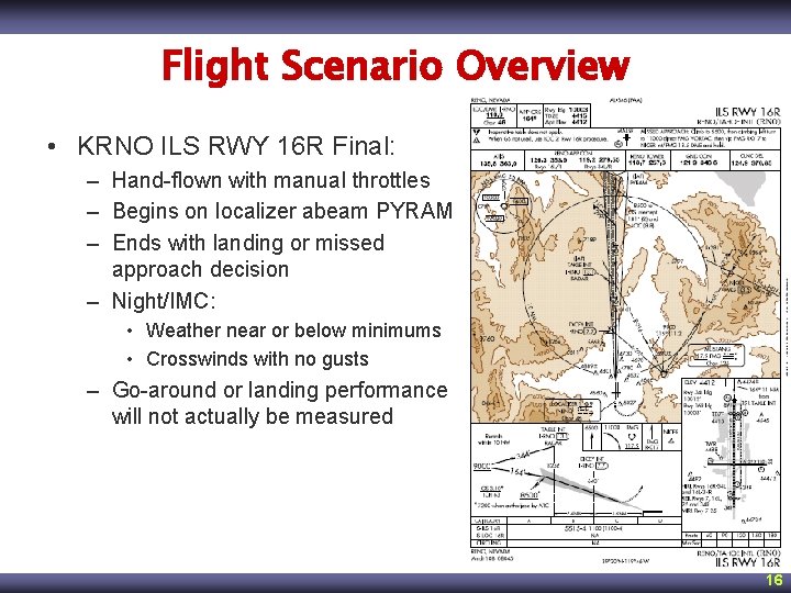Flight Scenario Overview • KRNO ILS RWY 16 R Final: – Hand-flown with manual