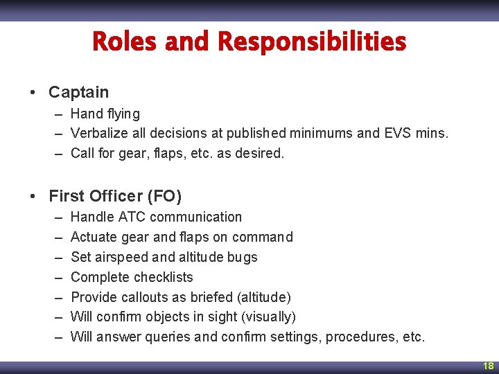 Roles and Responsibilities • Captain – Hand flying – Verbalize all decisions at published