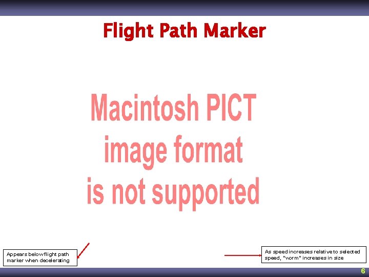 Flight Path Marker Appears below flight path marker when decelerating As speed increases relative