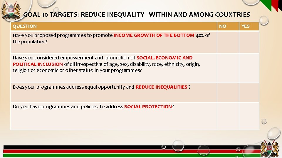 GOAL 10 TARGETS: REDUCE INEQUALITY WITHIN AND AMONG COUNTRIES QUESTION Have you proposed programmes