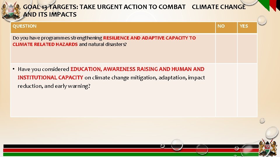 GOAL 13 TARGETS: TAKE URGENT ACTION TO COMBAT CLIMATE CHANGE AND ITS IMPACTS QUESTION