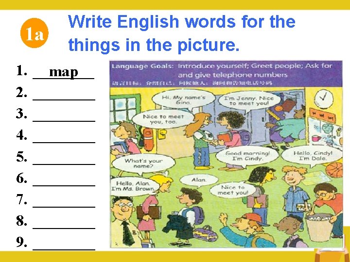 Write English words for the 1 a things in the picture. 1. _______ map