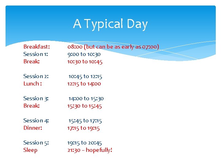 A Typical Day Breakfast: Session 1: Break: 08: 00 (but can be as early