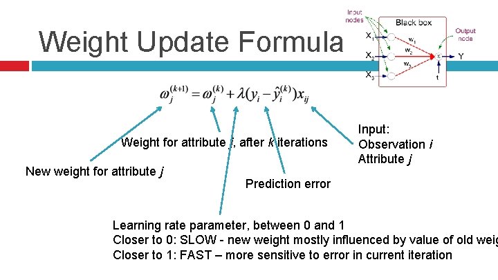 Weight Update Formula Weight for attribute j, after k iterations New weight for attribute