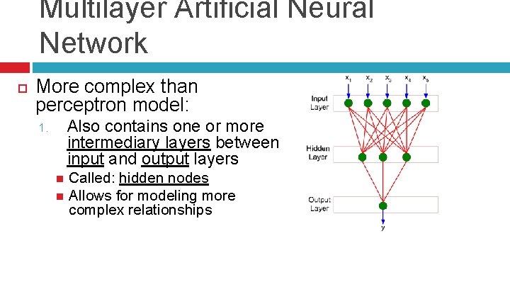 Multilayer Artificial Neural Network More complex than perceptron model: Also contains one or more