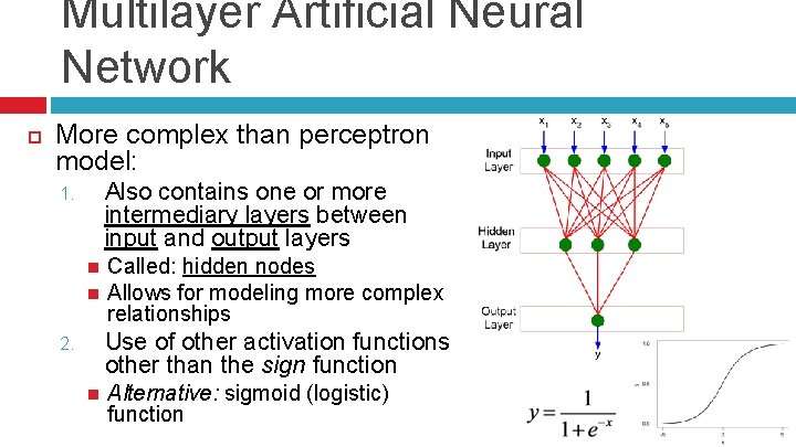 Multilayer Artificial Neural Network More complex than perceptron model: Also contains one or more