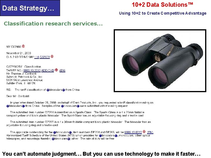 Data Strategy… 10+2 Data Solutions™ Using 10+2 to Create Competitive Advantage Classification research services…