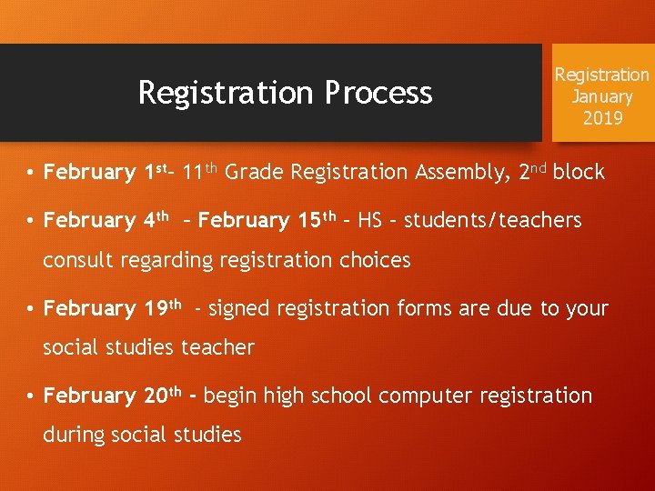 Registration Process Registration January 2019 • February 1 st– 11 th Grade Registration Assembly,