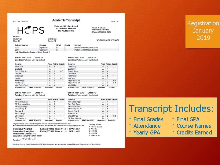 Registration January 2019 Transcript Includes: * Final Grades * Attendance * Yearly GPA *