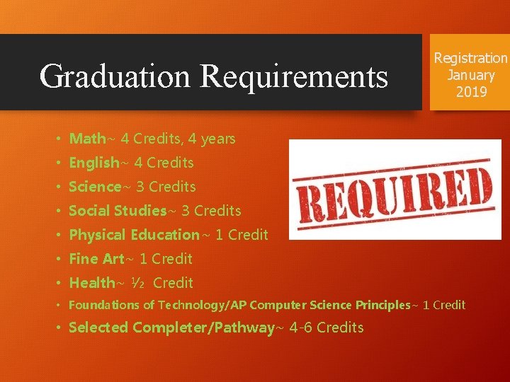 Graduation Requirements Registration January 2019 • Math~ 4 Credits, 4 years • English~ 4