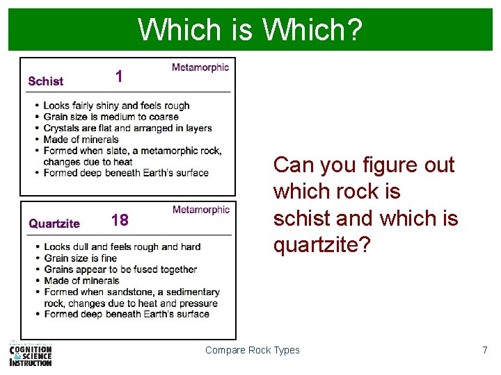 Which is Which? 1 18 Can you figure out which rock is schist and