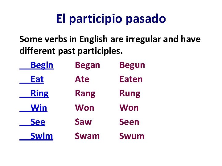 El participio pasado Some verbs in English are irregular and have different past participles.
