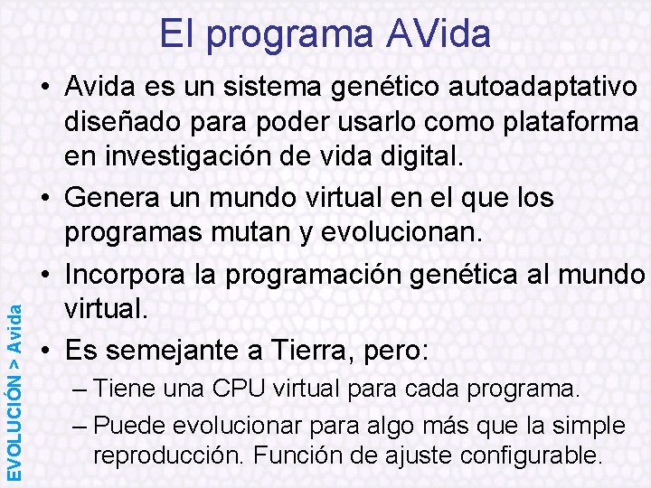 EVOLUCIÓN > Avida El programa AVida • Avida es un sistema genético autoadaptativo diseñado