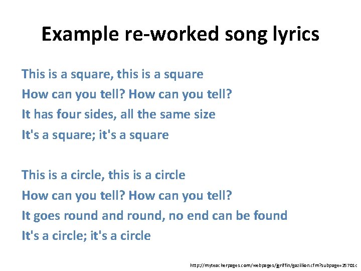 Example re-worked song lyrics This is a square, this is a square How can