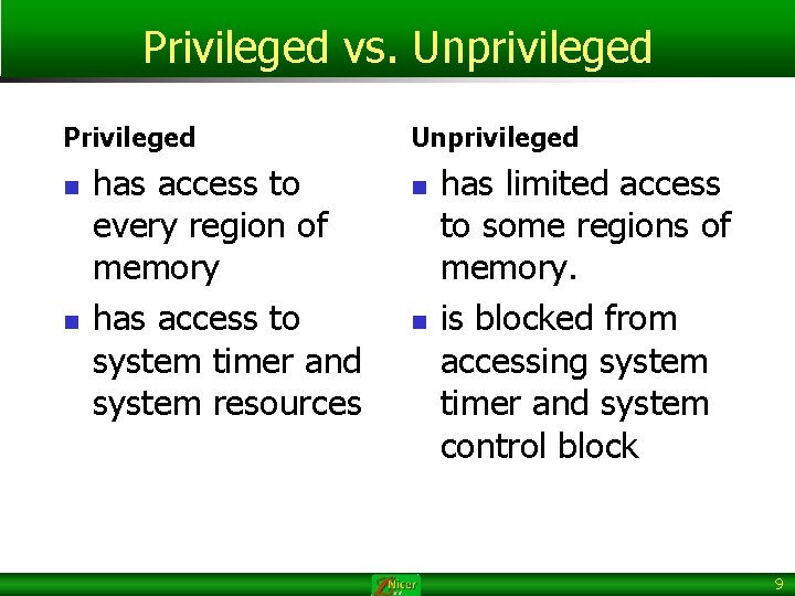 Privileged vs. Unprivileged Privileged n n has access to every region of memory has