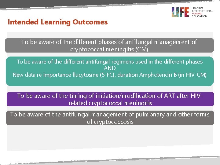 Intended Learning Outcomes To be aware of the different phases of antifungal management of