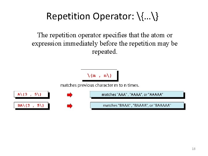 Repetition Operator: {…} The repetition operator specifies that the atom or expression immediately before Repetition Operator: {…} The repetition operator specifies that the atom or expression immediately before