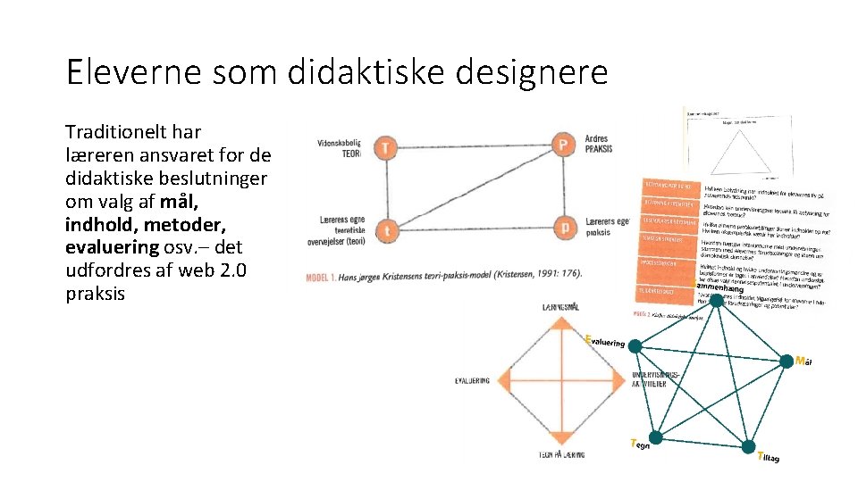 Eleverne som didaktiske designere Traditionelt har læreren ansvaret for de didaktiske beslutninger om valg Eleverne som didaktiske designere Traditionelt har læreren ansvaret for de didaktiske beslutninger om valg