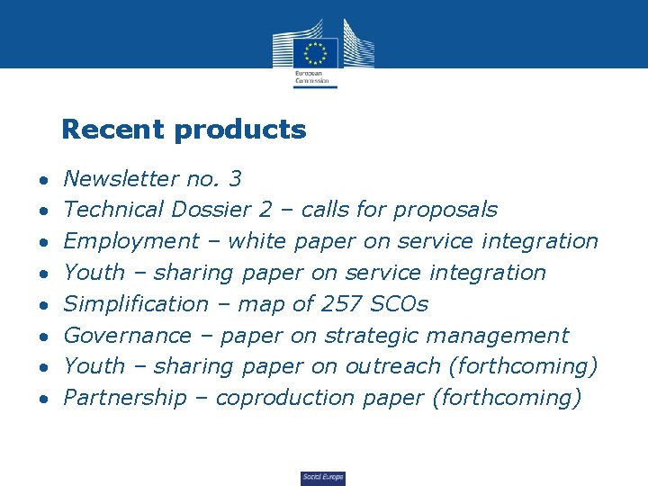 Recent products Newsletter no. 3 Technical Dossier 2 – calls for proposals Employment –