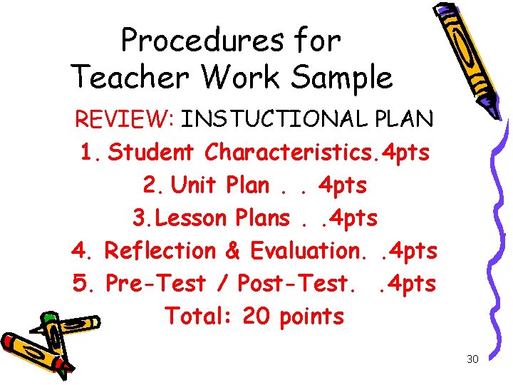 Procedures for Teacher Work Sample REVIEW: INSTUCTIONAL PLAN 1. Student Characteristics. 4 pts 2.