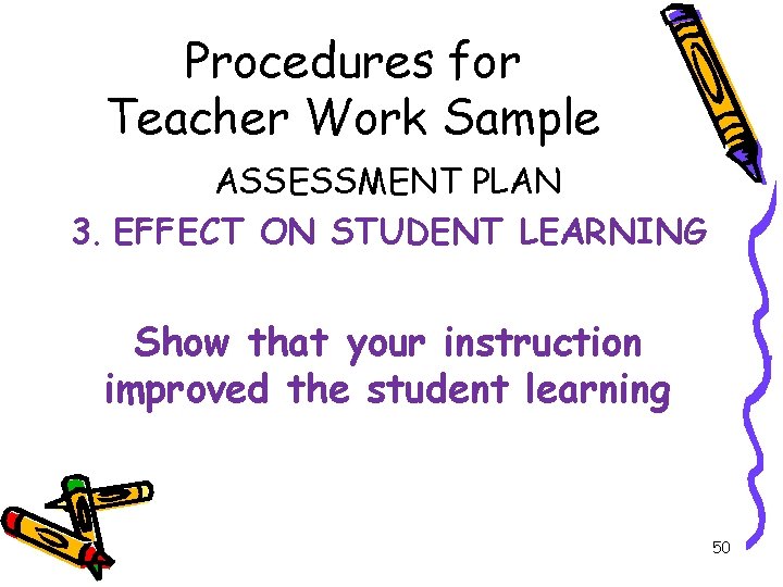 Procedures for Teacher Work Sample ASSESSMENT PLAN 3. EFFECT ON STUDENT LEARNING Show that