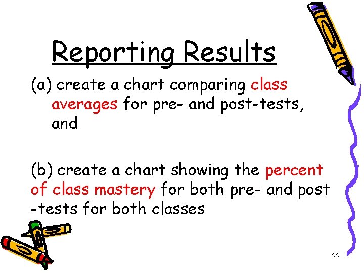 Reporting Results (a) create a chart comparing class averages for pre- and post-tests, and