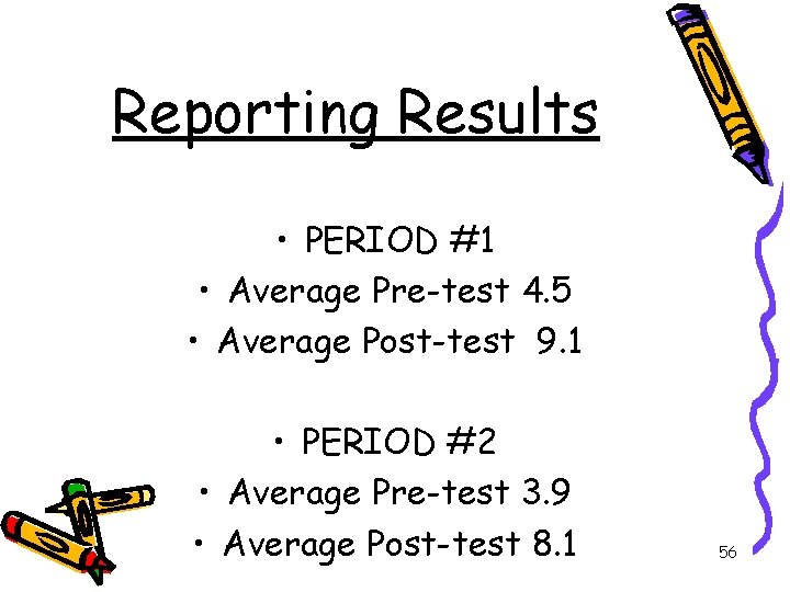Reporting Results • PERIOD #1 • Average Pre-test 4. 5 • Average Post-test 9.