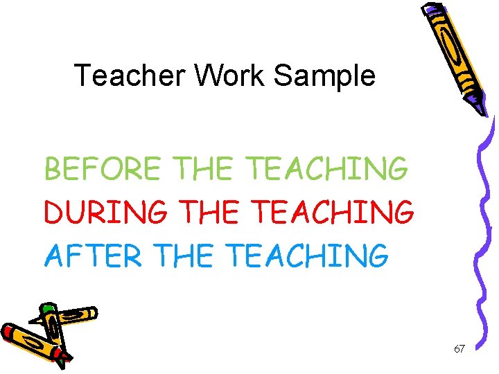 Teacher Work Sample BEFORE THE TEACHING DURING THE TEACHING AFTER THE TEACHING 67 