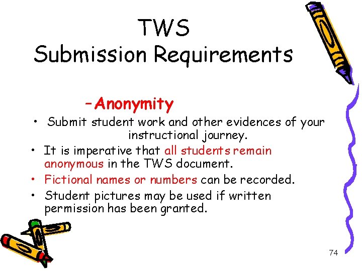 TWS Submission Requirements – Anonymity • Submit student work and other evidences of your