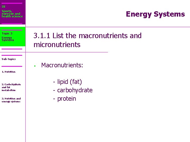 IB Sports, exercise and health science Topic 3 Energy Systems 3. 1. 1 List