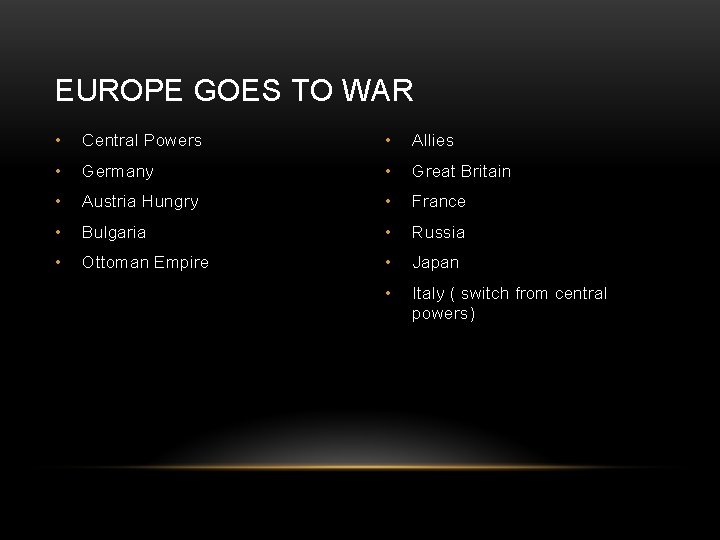 EUROPE GOES TO WAR • Central Powers • Allies • Germany • Great Britain