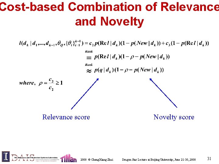 Cost-based Combination of Relevance and Novelty Relevance score 2008 © Cheng. Xiang Zhai Novelty
