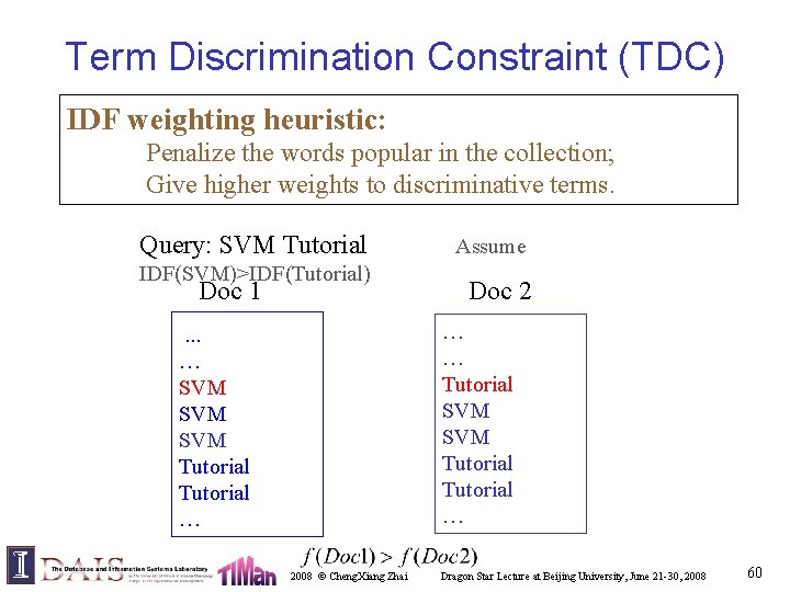 Term Discrimination Constraint (TDC) IDF weighting heuristic: Penalize the words popular in the collection;