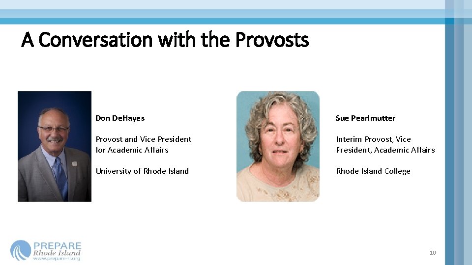 A Conversation with the Provosts Don De. Hayes Sue Pearlmutter Provost and Vice President