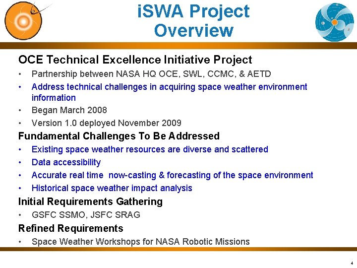 i. SWA Project Overview OCE Technical Excellence Initiative Project • • Partnership between NASA