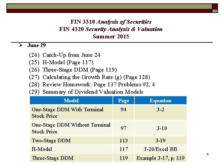 FIN 3310 Analysis of Securities FIN 4320 Security Analysis & Valuation Summer 2015 Ø