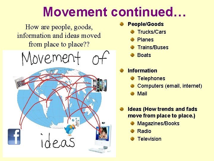 Movement continued… How are people, goods, information and ideas moved from place to place?