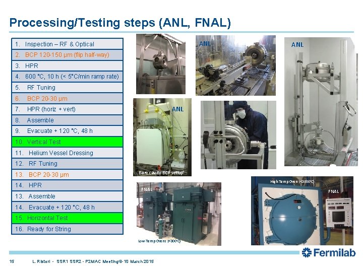 Processing/Testing steps (ANL, FNAL) ANL 1. Inspection – RF & Optical ANL 2. BCP