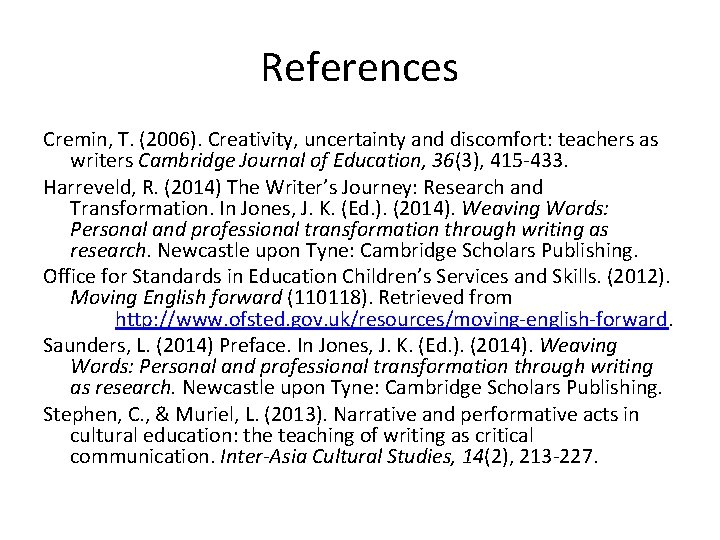 References Cremin, T. (2006). Creativity, uncertainty and discomfort: teachers as writers Cambridge Journal of