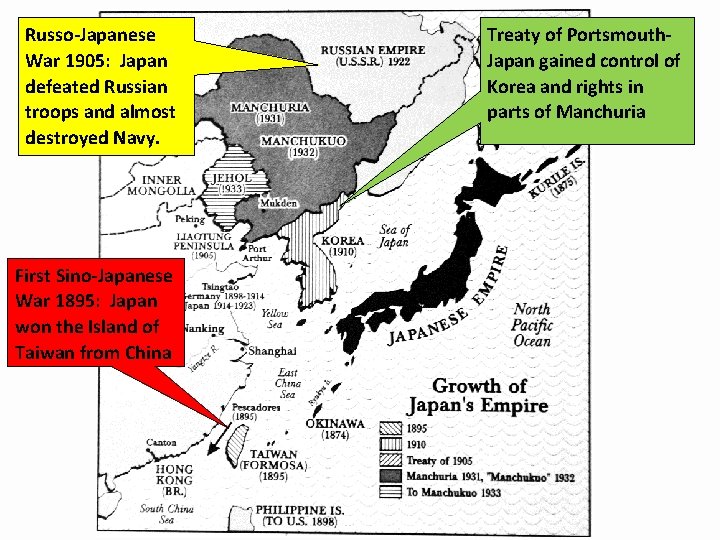 Russo-Japanese War 1905: Japan defeated Russian troops and almost destroyed Navy. First Sino-Japanese War