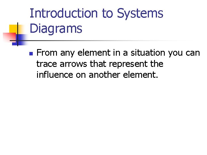 Introduction to Systems Diagrams n From any element in a situation you can trace Introduction to Systems Diagrams n From any element in a situation you can trace
