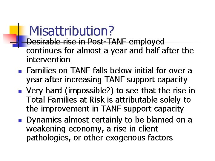 Misattribution? n n Desirable rise in Post-TANF employed continues for almost a year and Misattribution? n n Desirable rise in Post-TANF employed continues for almost a year and