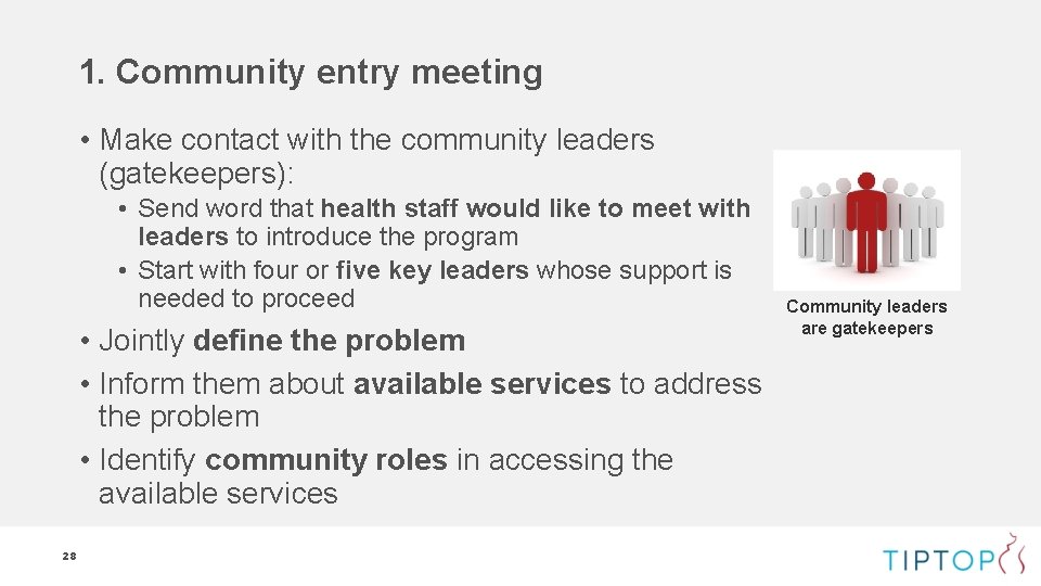 1. Community entry meeting • Make contact with the community leaders (gatekeepers): • Send 1. Community entry meeting • Make contact with the community leaders (gatekeepers): • Send