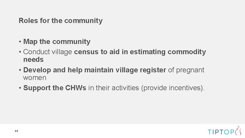 Roles for the community • Map the community • Conduct village census to aid Roles for the community • Map the community • Conduct village census to aid