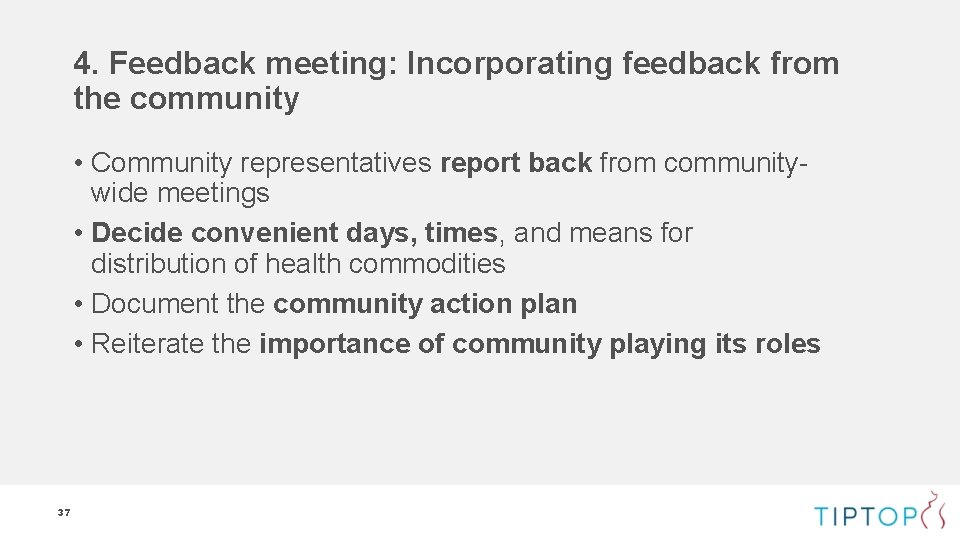 4. Feedback meeting: Incorporating feedback from the community • Community representatives report back from 4. Feedback meeting: Incorporating feedback from the community • Community representatives report back from