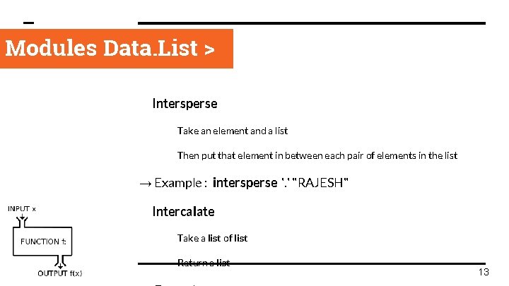 Modules Data. List > Intersperse Take an element and a list Then put that