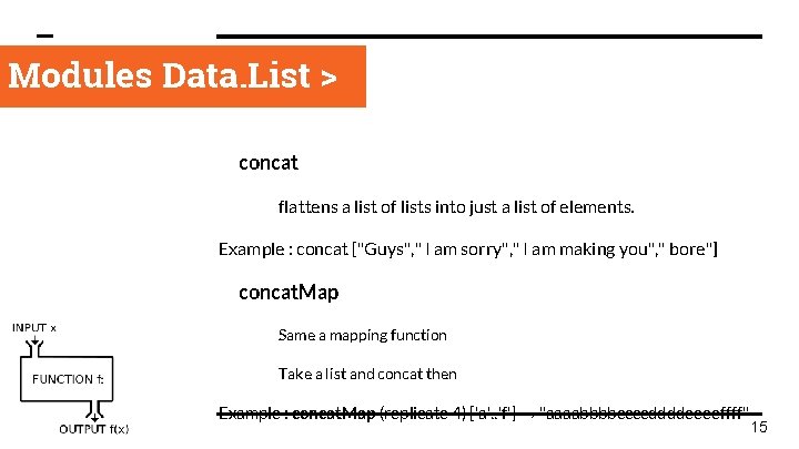 Modules Data. List > concat flattens a list of lists into just a list
